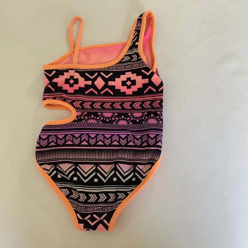 Justice One Piece Swimsuit Girls 7/8‎ Reversible Pink Purple Tribal Cutout Boho